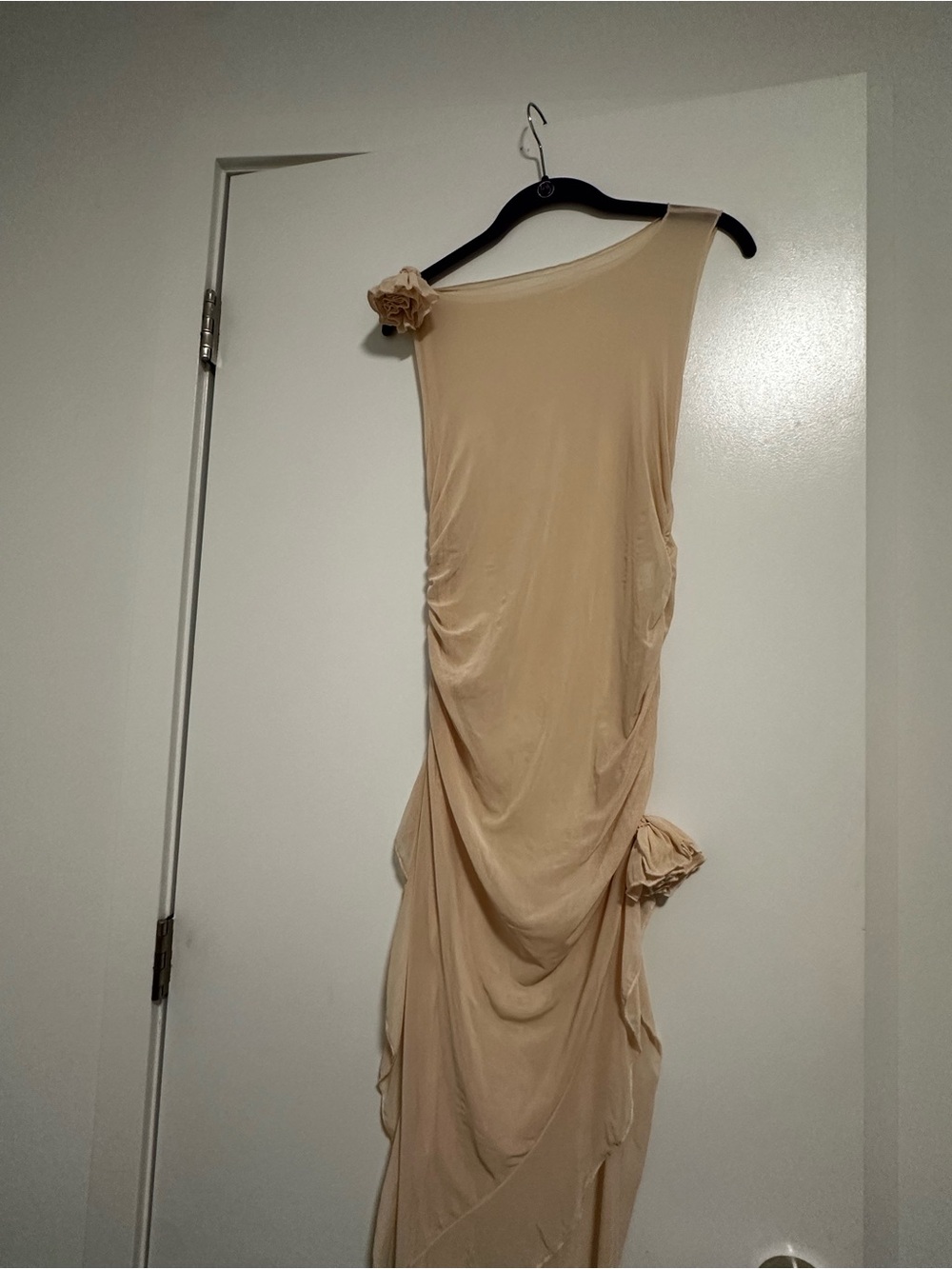 Sleeveless One-Shoulder Beige Dress with Floral Accent
